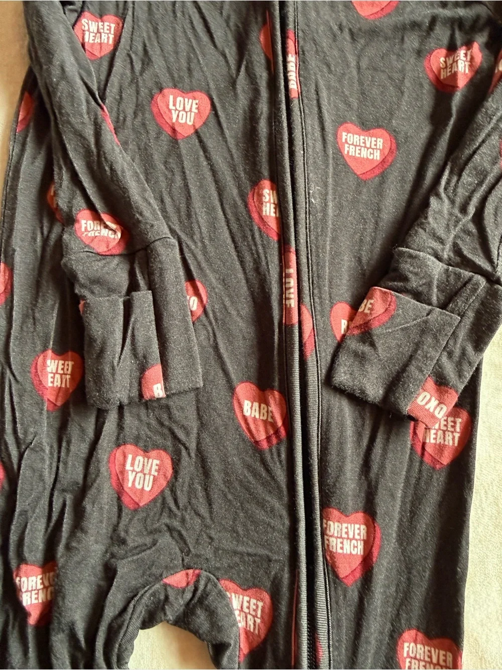 Kids Black Footed Pajamas with Red Heart Print